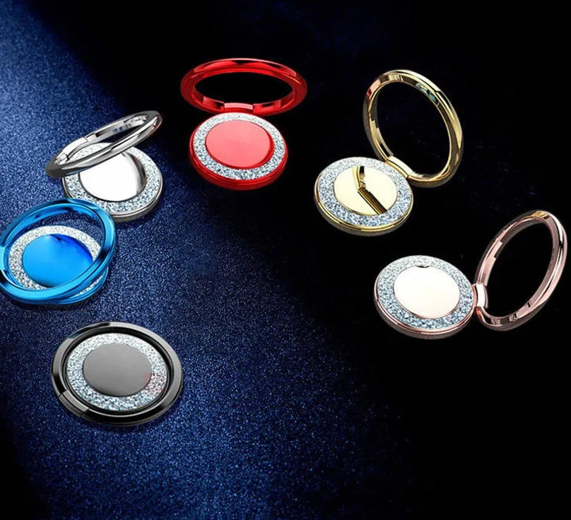 Bling glitter metal phone ring holder showing rotation and flip functions on mobile phone