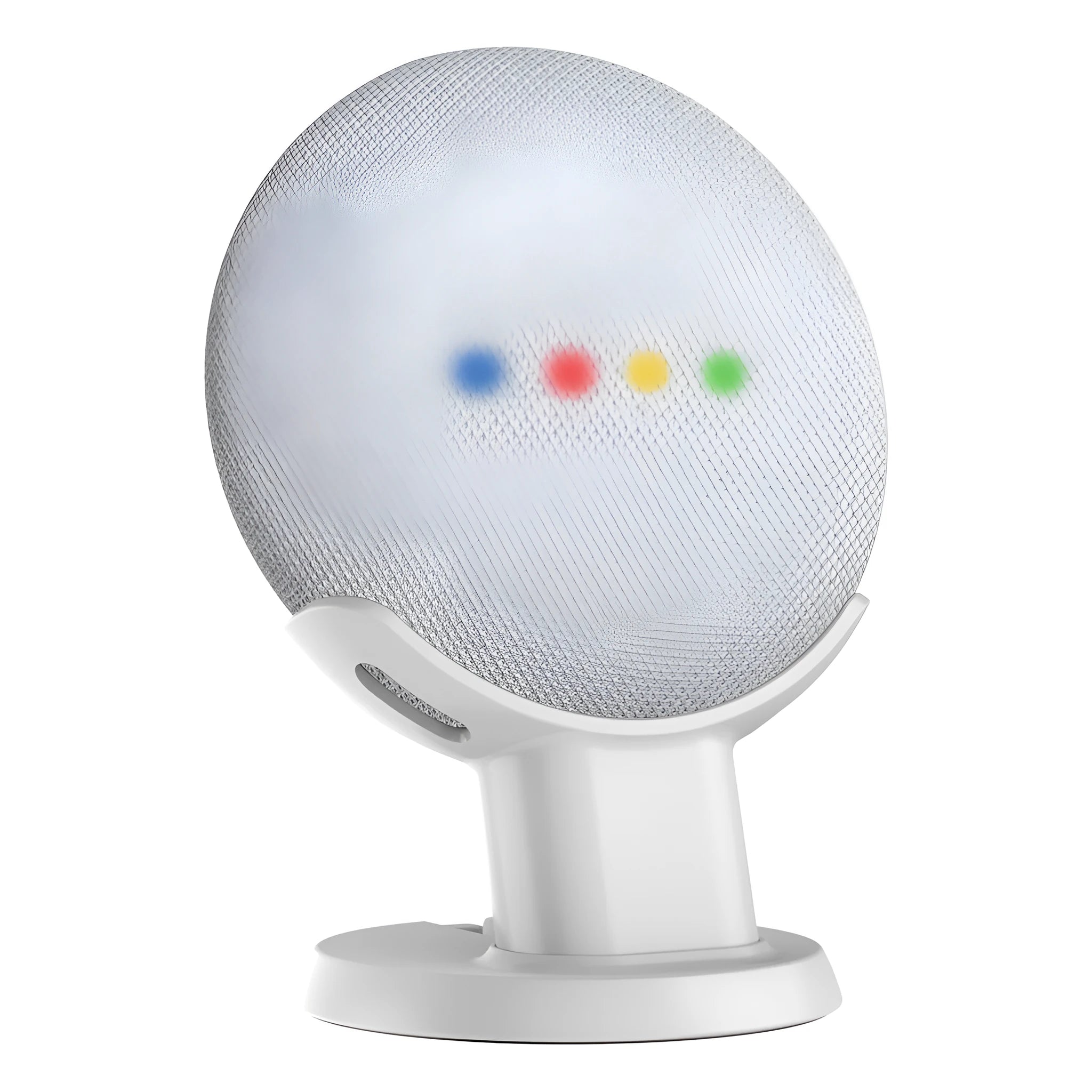 Black PlusAcc plastic stand holding a white Google Home Mini smart speaker on a wooden tabletop.