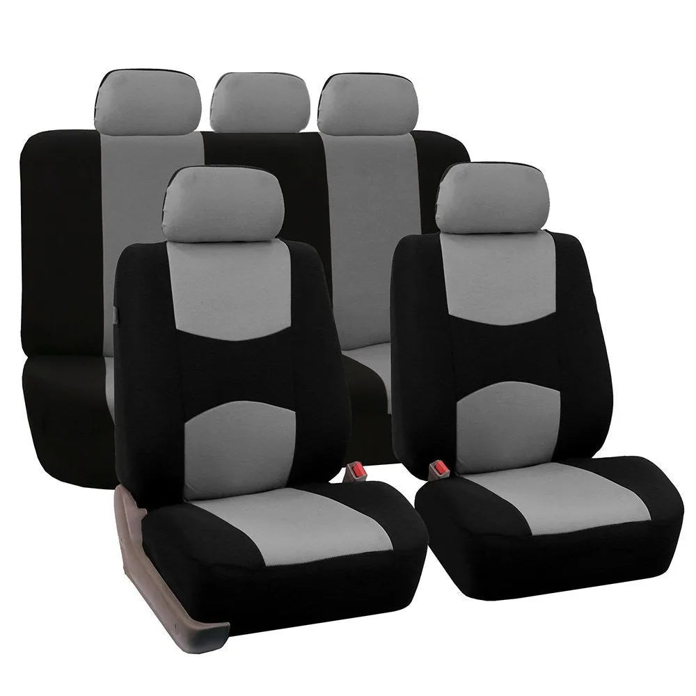 Universal car seat cover set in bird's eye cloth fabric, includes head covers and front and rear seat covers