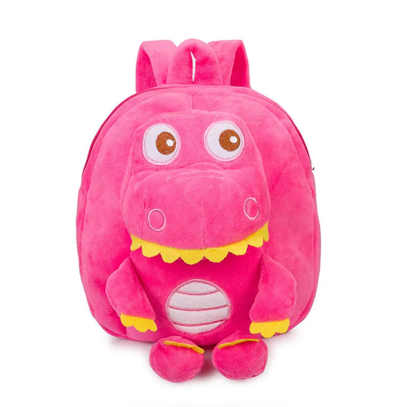 Blue dinosaur plush backpack for children with embroidery pattern and soft handles