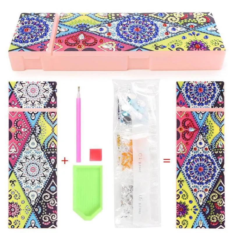 DIY diamond painting kit for making a personalised PU leather pencil case or wrist bag with resin sequins.