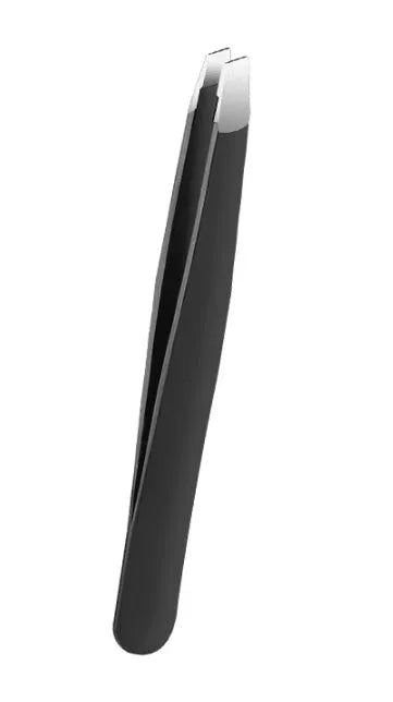 Black eyebrow trimmer set with stainless steel blade and compact 14x10x2cm size on a plain background.