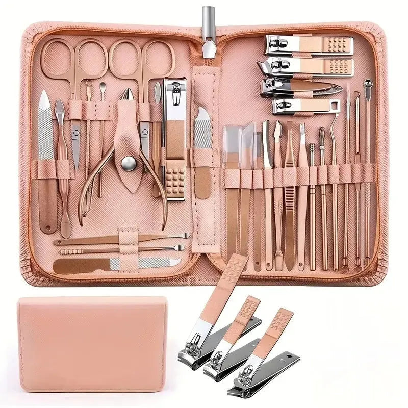 30-piece stainless steel nail beauty tool set showing various manicure and pedicure tools
