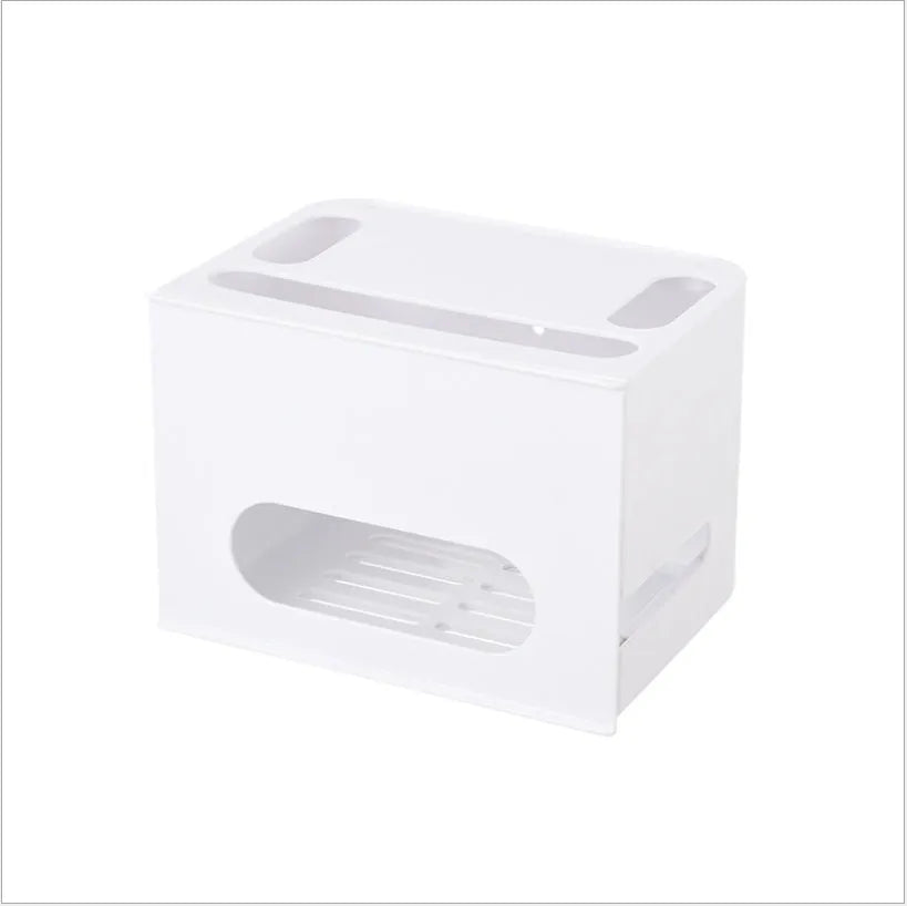 Grey and white plastic wireless router storage box with cable slots and ventilation holes.