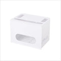 Grey and white plastic wireless router storage box with cable slots and ventilation holes.