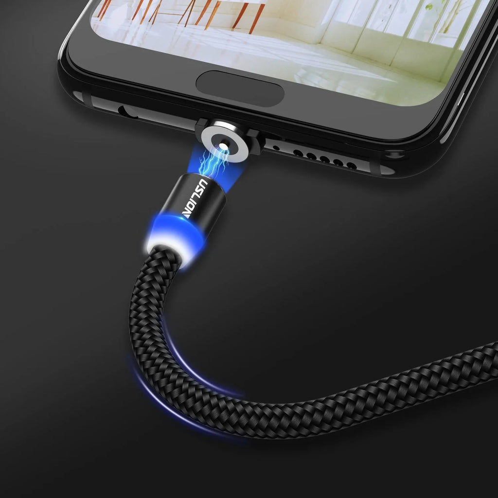 USLION circular magnetic charging cable in black, showing magnetic connector and plug for Android, iOS, or Type-C device.