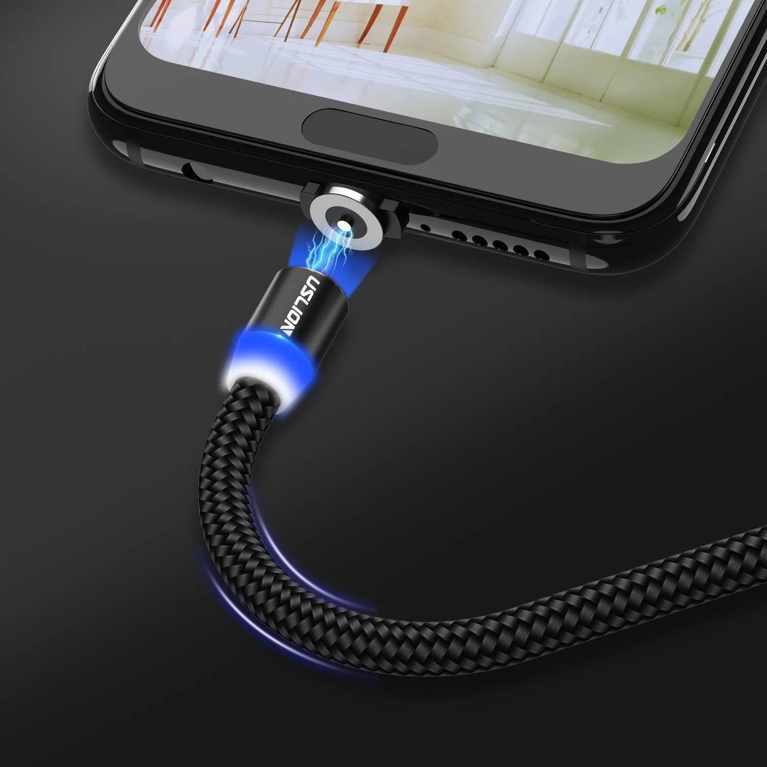 USLION circular magnetic charging cable in black, showing magnetic connector and plug for Android, iOS, or Type-C device.