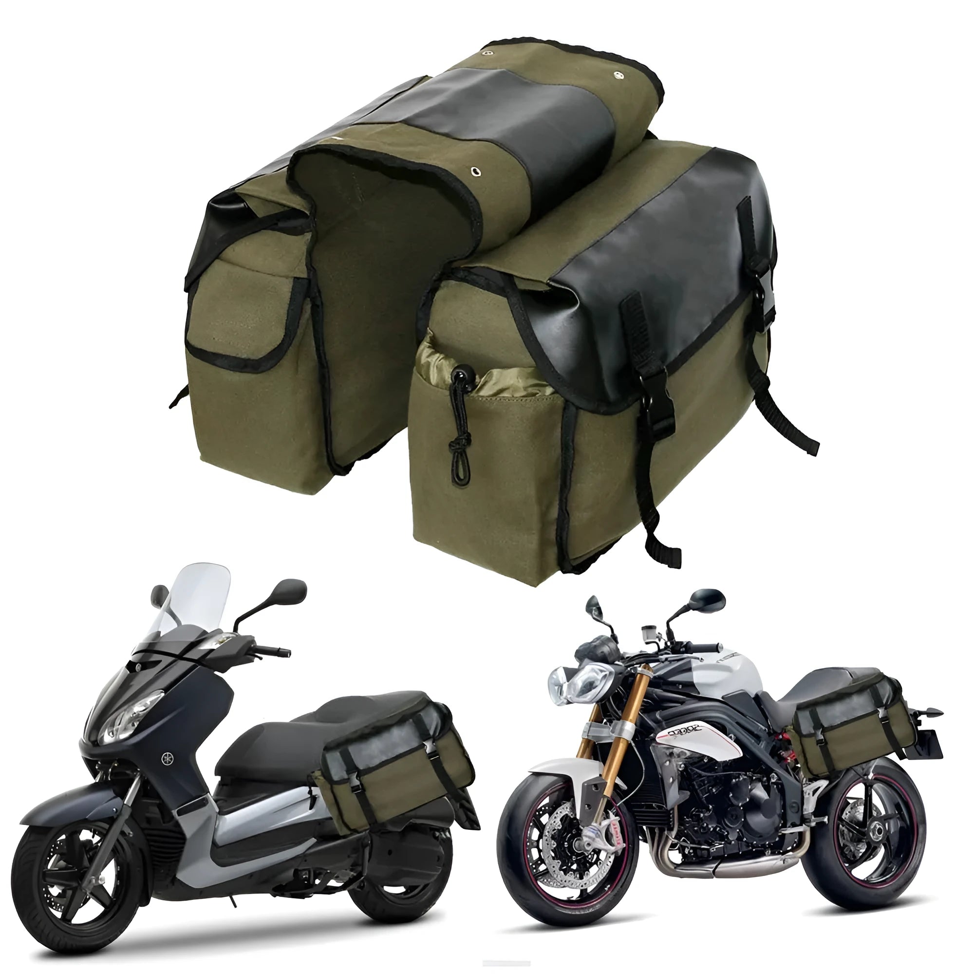 Canvas rear seat storage bag for bicycle or motorcycle in khaki, army green, or black, 27x44x15 cm with zipper pocket