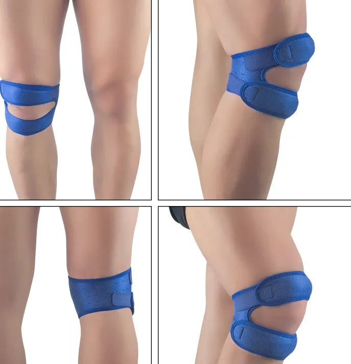 Professional patella band knee support in black with shock absorbing EVA pad and breathable rear perforations
