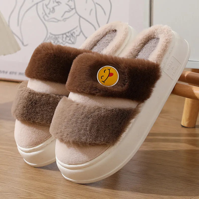 Thermal cotton slippers with plush upper and cashmere lining in a pink and blue colour combination