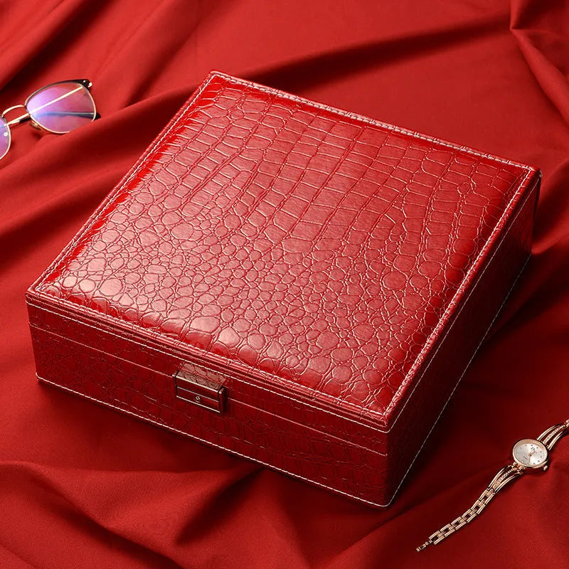 Wooden leather double layer jewellery storage box with lockable lid and crocodile pattern exterior.