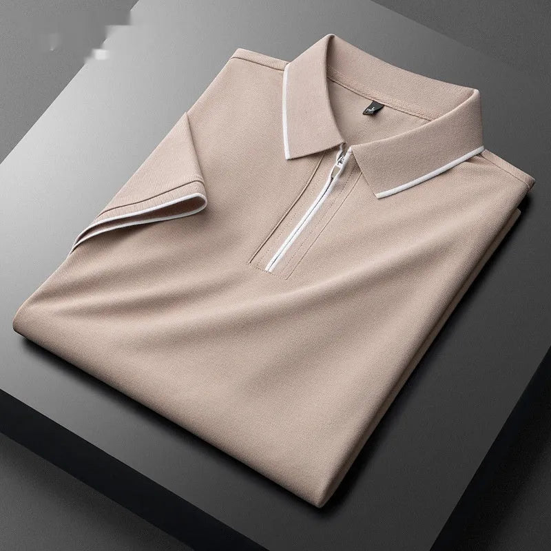 Men's slim fit short sleeve lapel top in cotton blend fabric, shown in graphite gray colour.