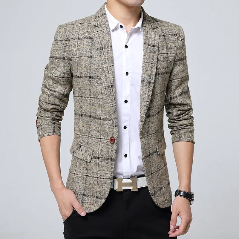 Men's casual polyester fibre blazer with notch lapel, available in grey, khaki, and navy blue, Asian sizing.