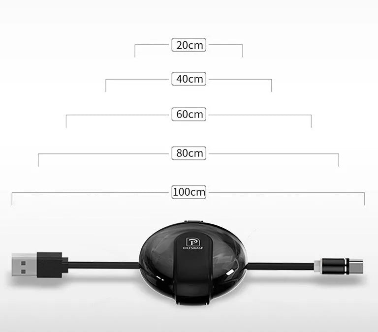 Black 3-in-1 magnetic retractable car phone charger with USB cable and mounting patch