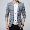 Men's casual polyester fibre blazer with notch lapel, available in grey, khaki, and navy blue, Asian sizing.