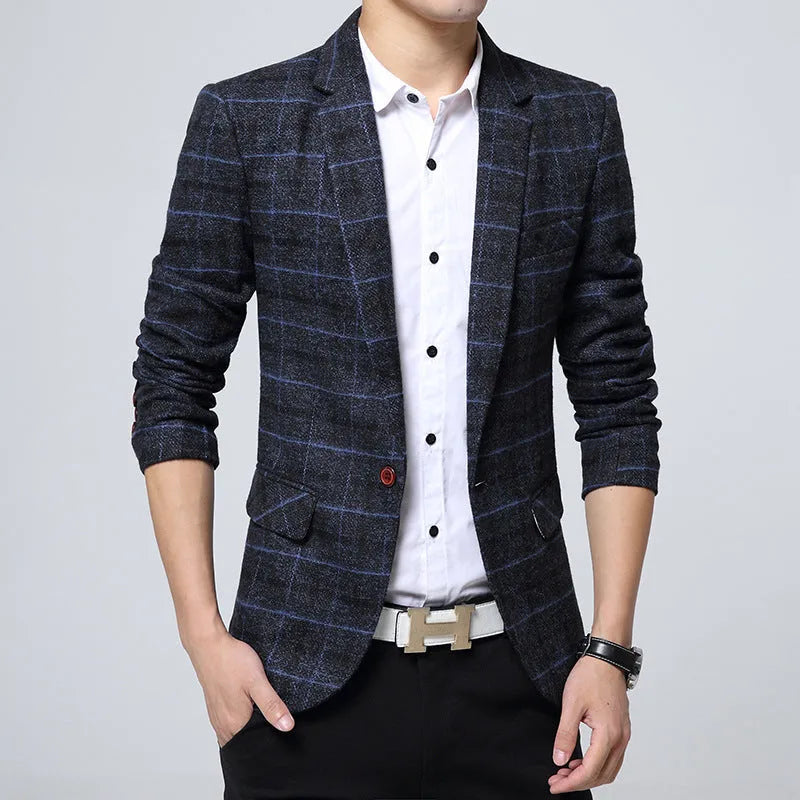 Men's casual polyester fibre blazer with notch lapel, available in grey, khaki, and navy blue, Asian sizing.