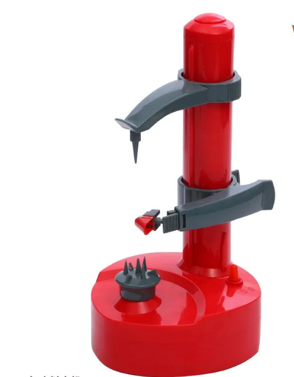 White electric fruit and vegetable peeler with stainless steel blades on plastic base