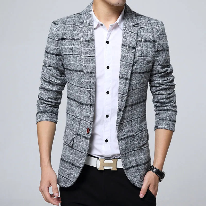 Men's casual polyester fibre blazer with notch lapel, available in grey, khaki, and navy blue, Asian sizing.