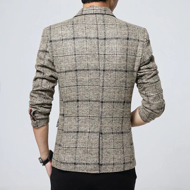 Men's casual polyester fibre blazer with notch lapel, available in grey, khaki, and navy blue, Asian sizing.