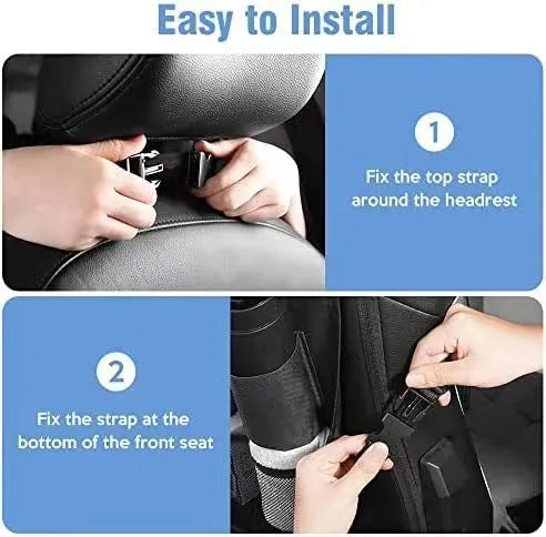 Black Oxford cloth car seat back buggy bag with hanging storage organiser measuring 42x30cm