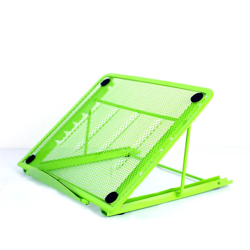 Adjustable cold-rolled steel laptop and tablet stand in black, shown in a raised position.