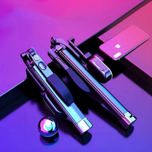 Black aluminium Bluetooth selfie stick extended with phone attached, showing remote control and tripod legs.