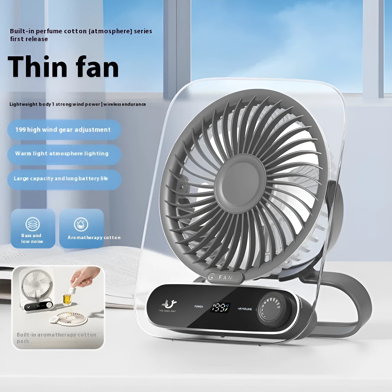 Ultra-thin desktop digital display fan with night lamp in Ling transparent white, plastic blade, USB charging, 3000mAh battery