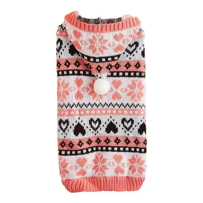 Knitted acrylic dog sweater with striped camouflage pattern in pink, blue, or grey for small breeds