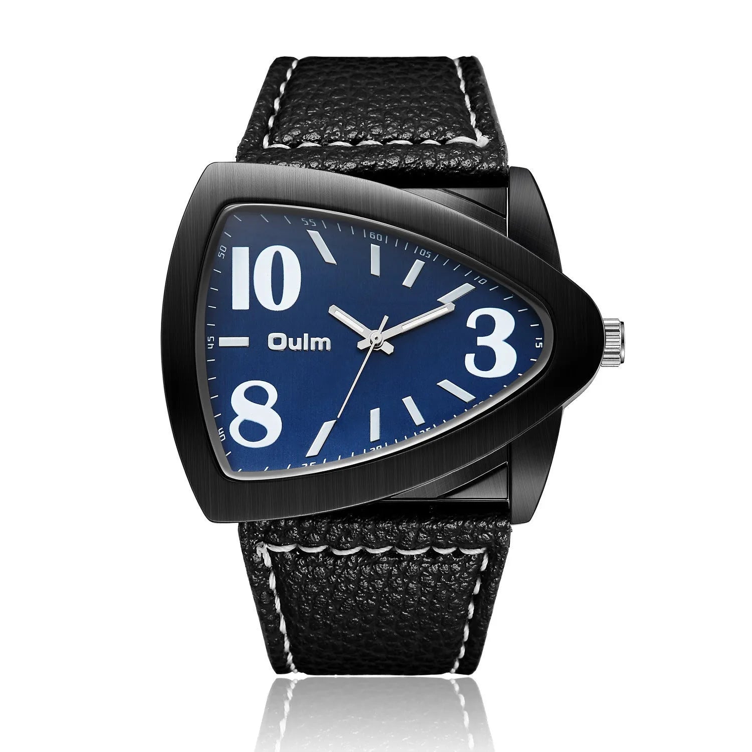 Men's triangular case quartz watch in black, shown on wrist, highlighting its geometric design and slim profile.