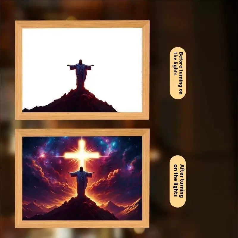 Handmade rectangular LED light painting photo frame showing a spiritual cross design, with USB cable.