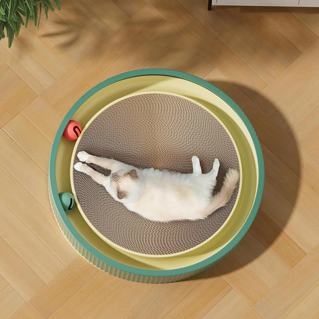 Large circular cat scratching board with integrated ball toys and refillable cardboard core