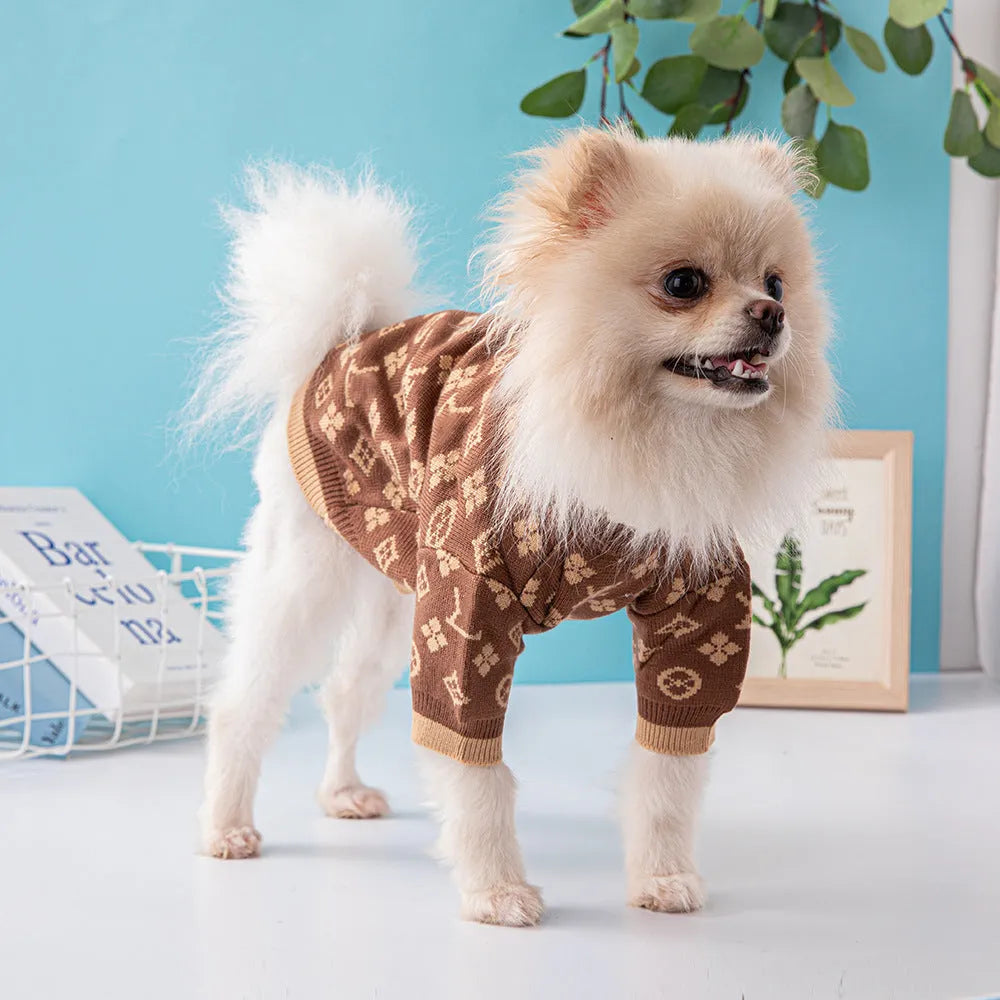A dog wearing a thick wool knit sweater in a European style, available in sizes from XS to XXL.