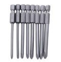 8-piece set of long magnetic cross head screwdriver bits in PH0, PH1 and PH2 sizes on a white background.