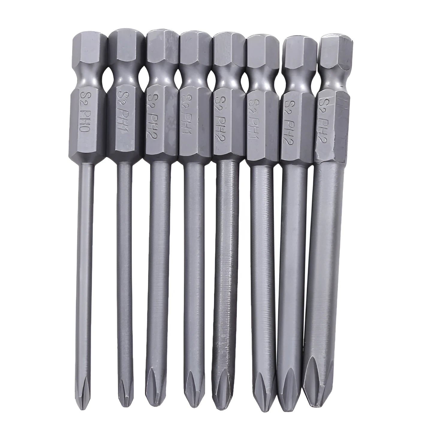 8-piece set of long magnetic cross head screwdriver bits in PH0, PH1 and PH2 sizes on a white background.