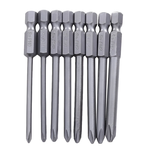 8-piece set of long magnetic cross head screwdriver bits in PH0, PH1 and PH2 sizes on a white background.