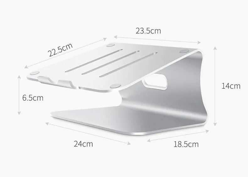 Aluminium alloy rotating laptop cooling bracket in silver or grey colour on a desk.
