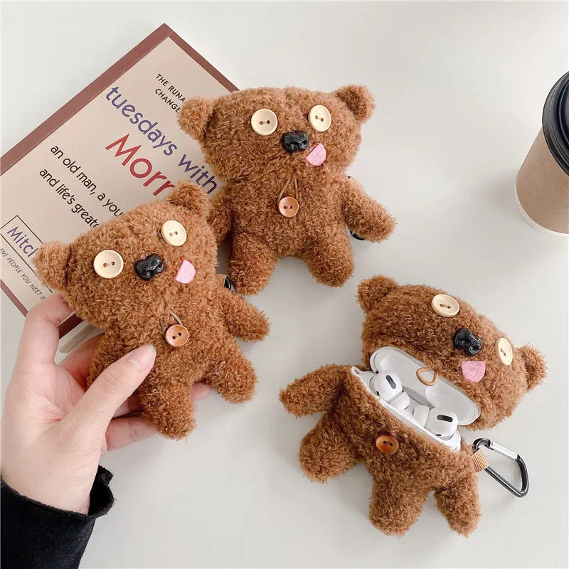 Brown plush button tongue bear earphone case for AirPods and FreeBuds, flip type design