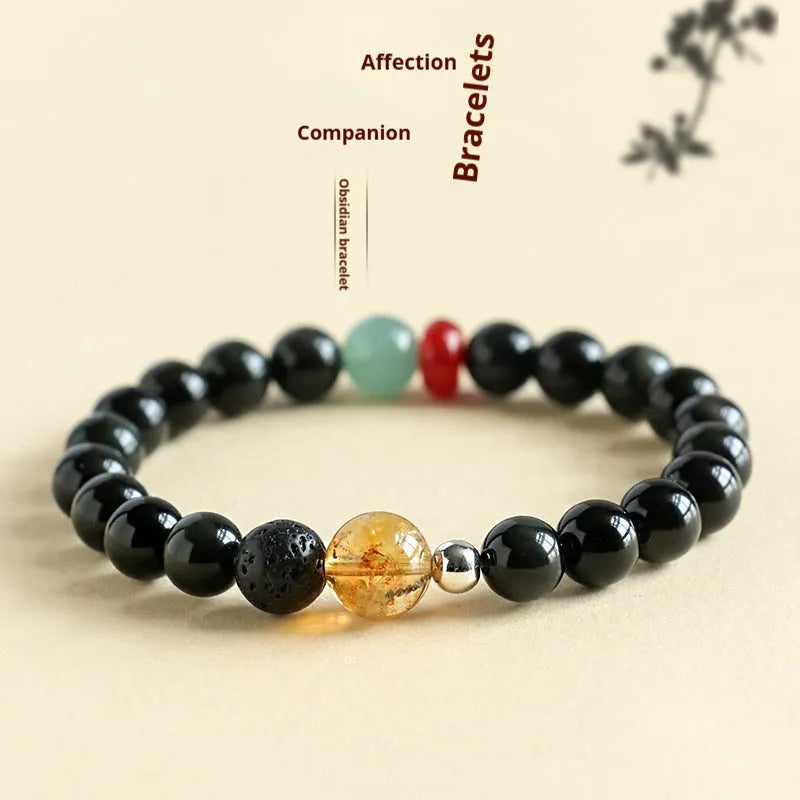 Chinese style couple bracelet with obsidian and agate jade beads in 8mm and 10mm size options.