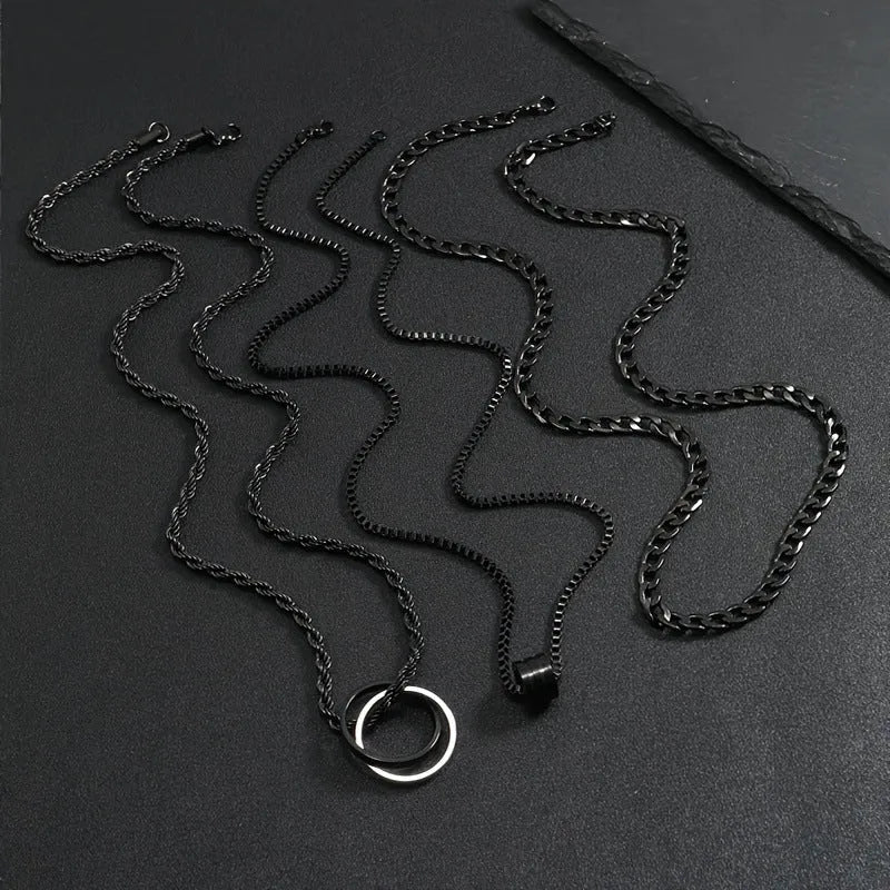 Black three-piece men's hip hop necklace set with cylindrical titanium steel ring pendant