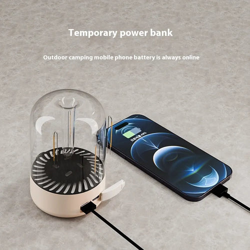 Beige and black camping ambience lamp with dual light sources and USB charging port