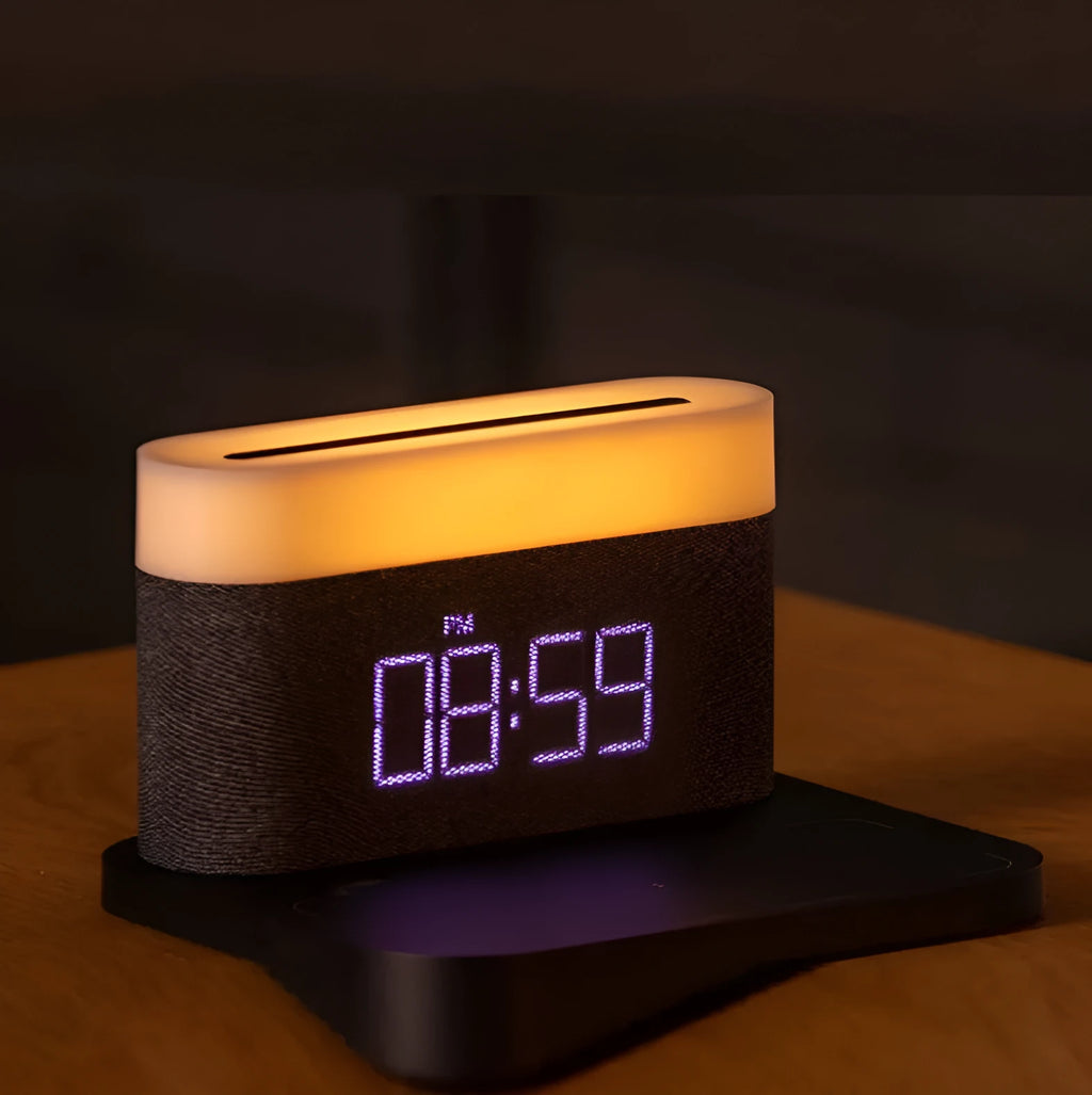 White bedside table lamp with integrated wireless phone charger and clock display