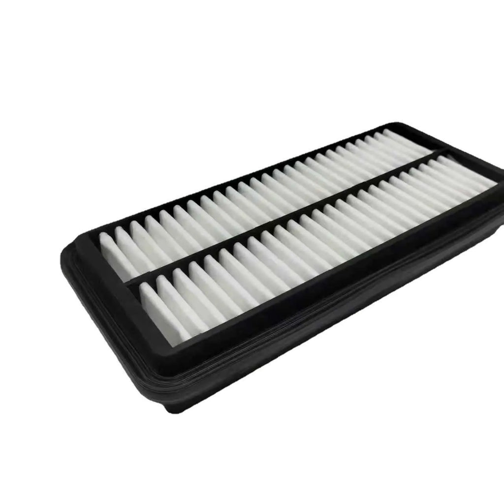 Black rectangular car air filter measuring 256mm by 113mm by 40mm dimensions