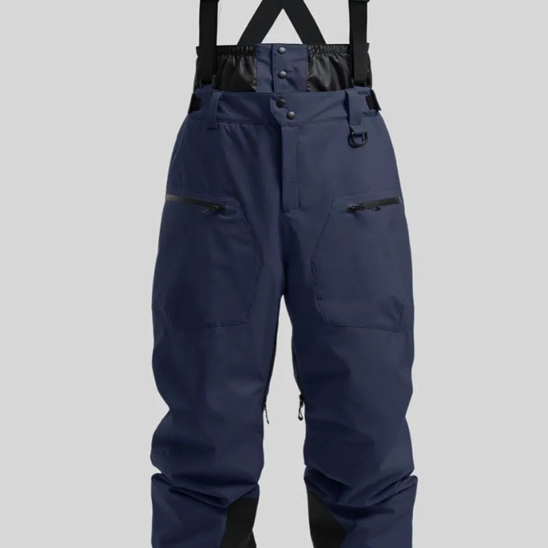 Men's black flame retardant linen ski pants with adjustable waist strap.