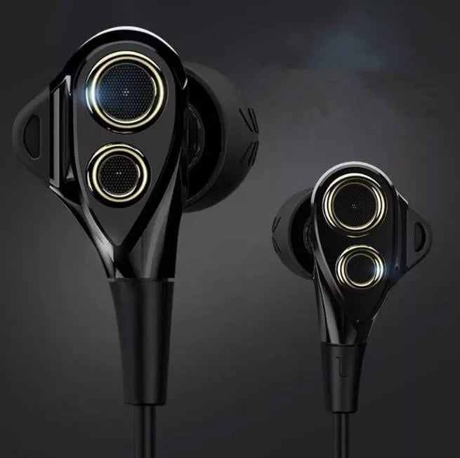 Black and silver metal HIFI earphones with wire controls showing double moving coil and dual horn bass design