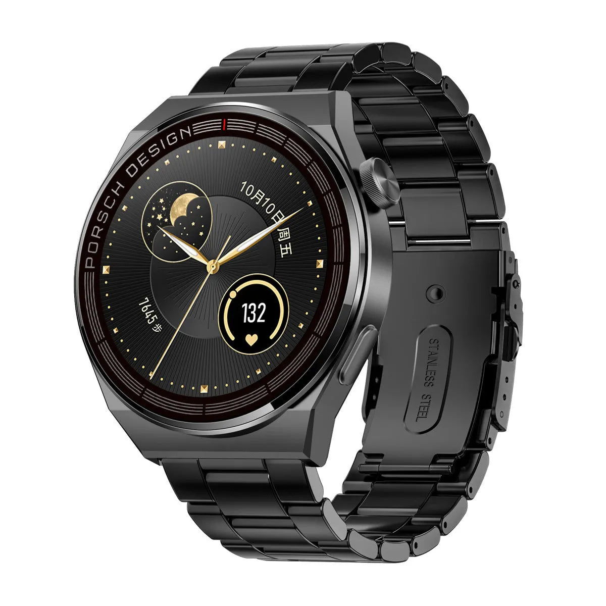 Smartwatch with black or silver case and choice of silicone, leather, or stainless steel strap on wrist