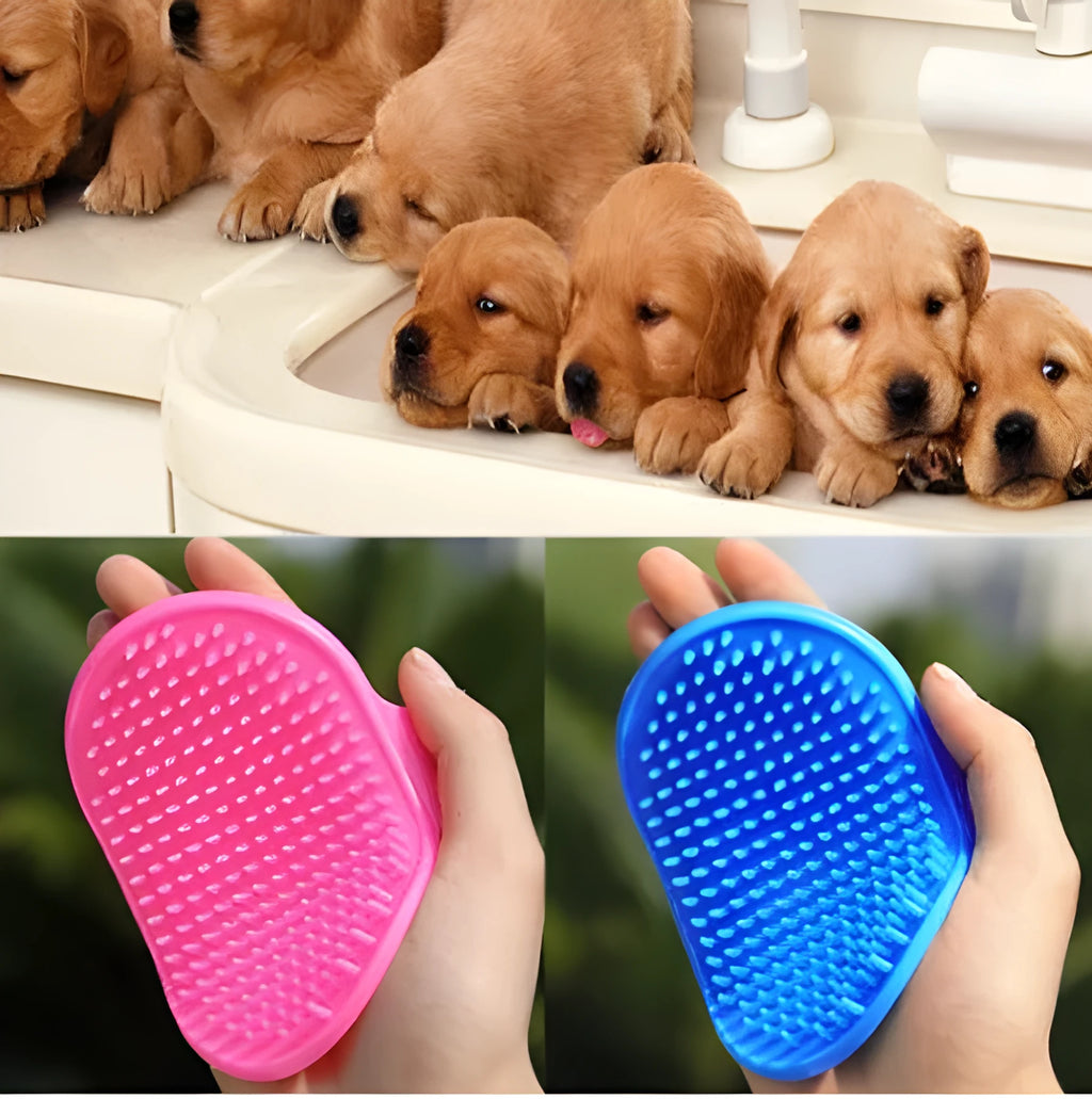 Elliptical hand-shaped plastic dog bath brush in blue, 120x90x20mm, for general pet grooming