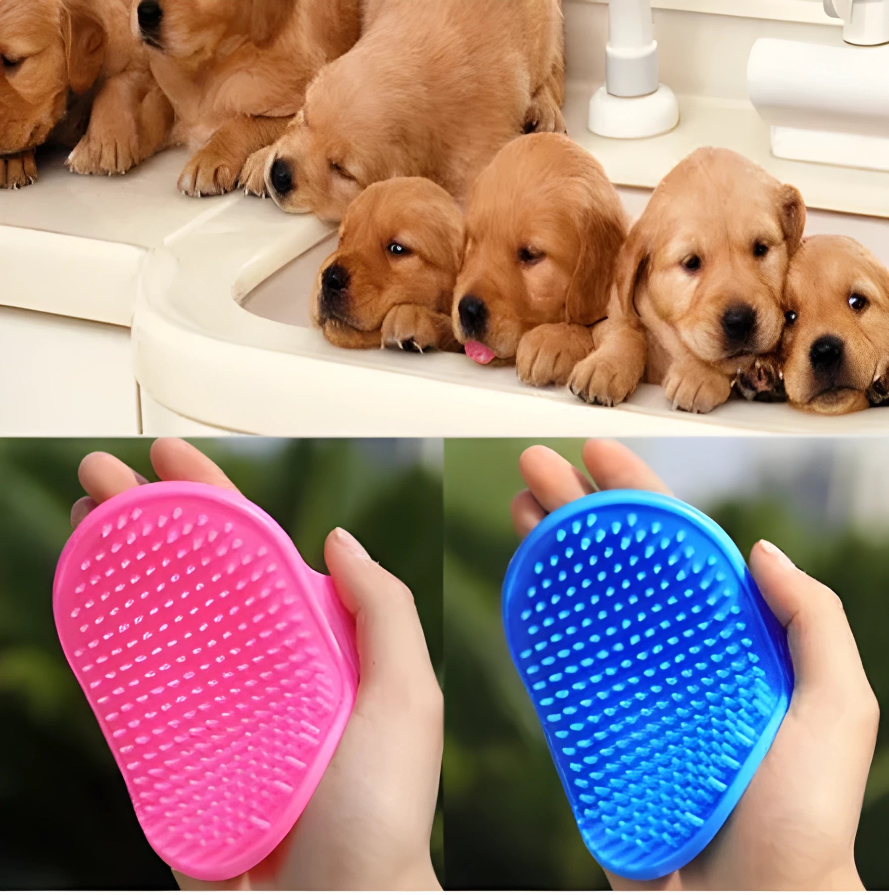 Elliptical hand-shaped plastic dog bath brush in blue, 120x90x20mm, for general pet grooming