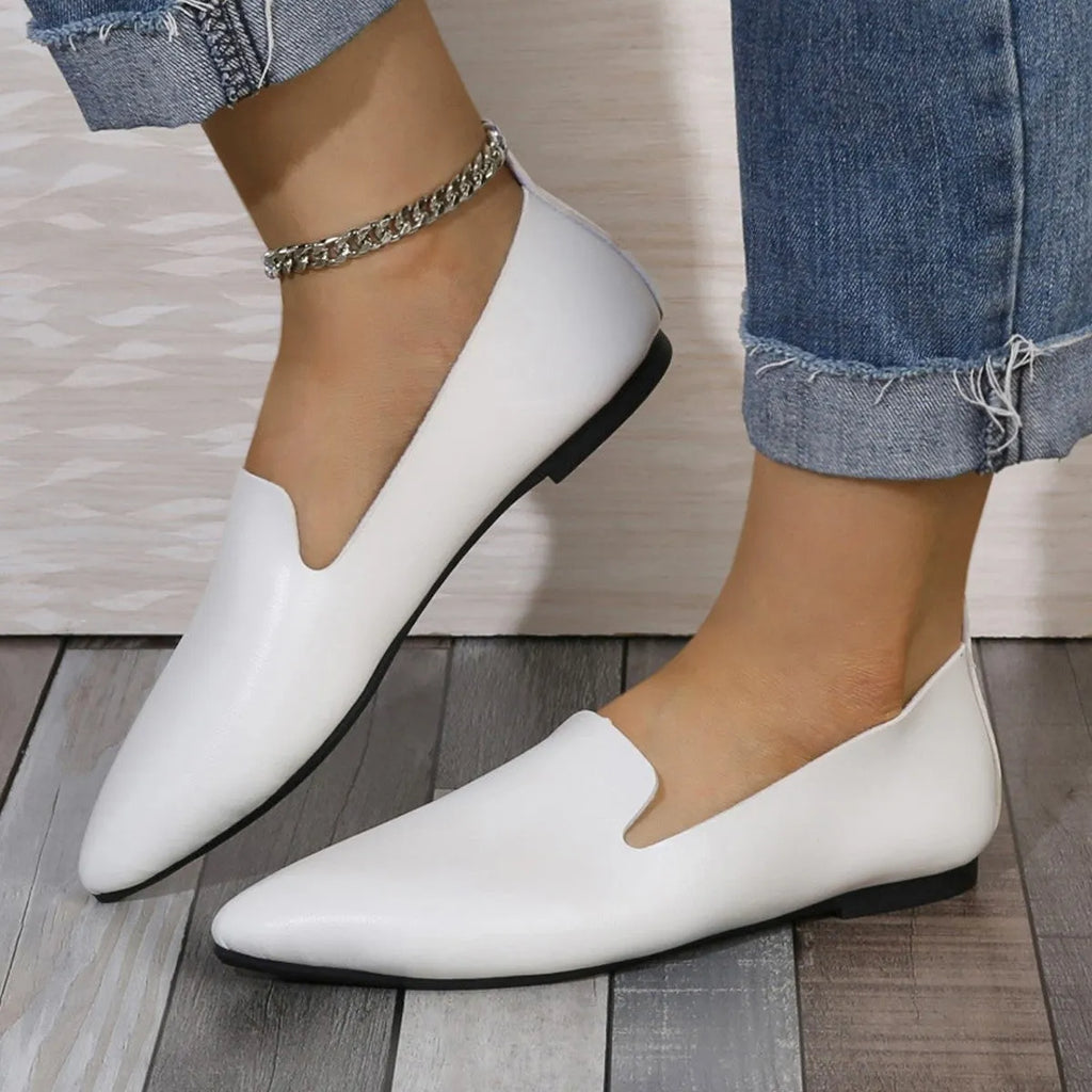 Women's low-heel flat bottom pumps in solid colour, pointed toe, available in white and black sizes 36-45