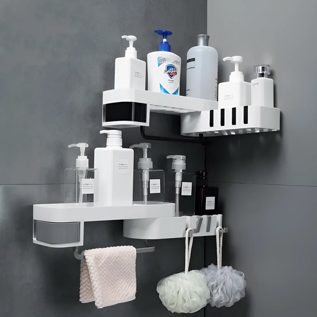 Plastic bathroom corner shelf wall mounted in black and white for shower storage
