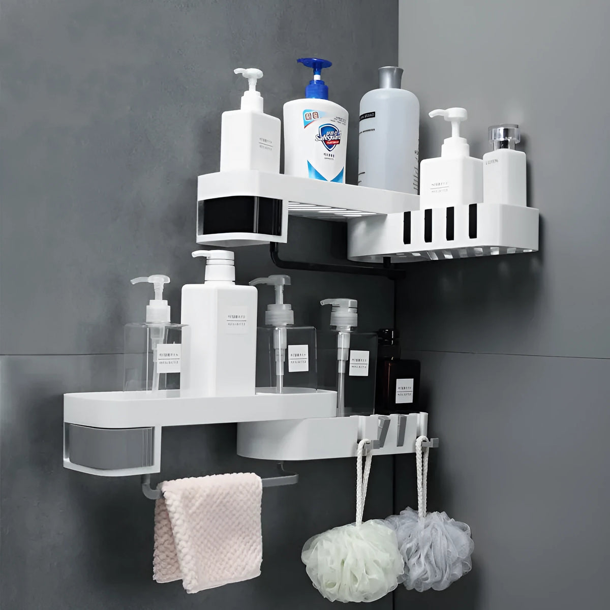 Plastic bathroom corner shelf wall mounted in black and white for shower storage